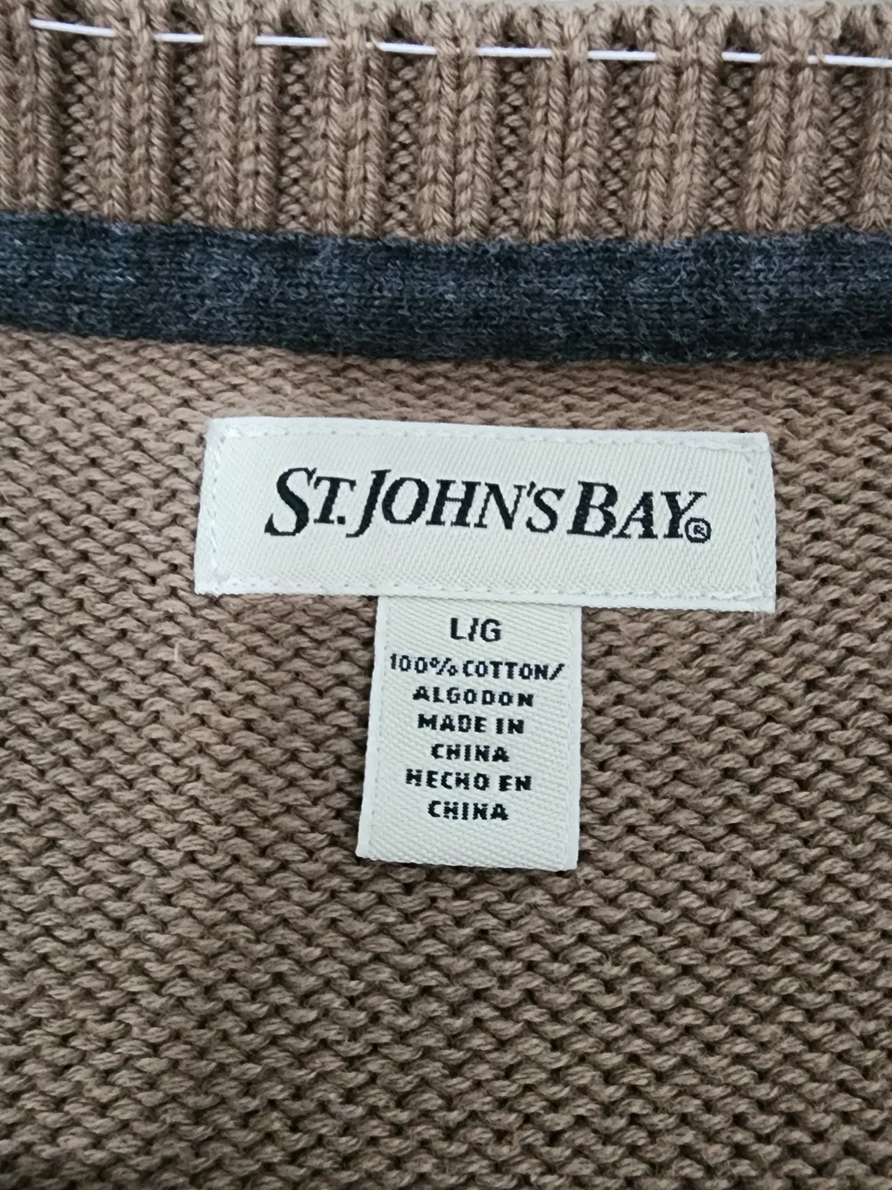 St. John's Bay Tan Crewneck Sweater with Brown and White Stripes